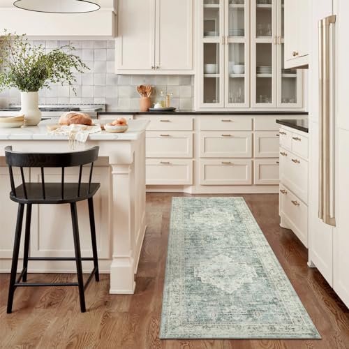 LIVEBOX Washable 2x6 Runner Rug for Bathroom, Non Slip Kitchen Mats for Floor Entryway, Boho Indoor Front Door Mat Low-Pile Runners for Hallways, Farmhouse Rugs for Laundry, Sage Green - Image 2