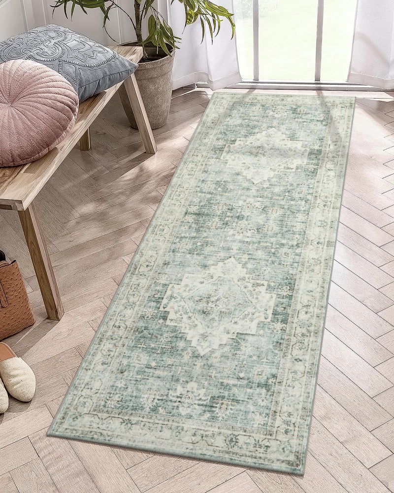 LIVEBOX Washable 2x6 Runner Rug for Bathroom, Non Slip Kitchen Mats for Floor Entryway, Boho Indoor Front Door Mat Low-Pile Runners for Hallways, Farmhouse Rugs for Laundry, Sage Green - Image 1