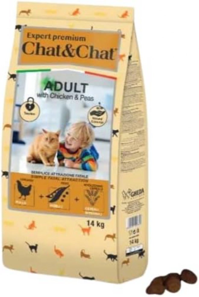 طعام جاف Chat & Chat مع دجاج وبازلاء للقطط البالغة، 14 كجم