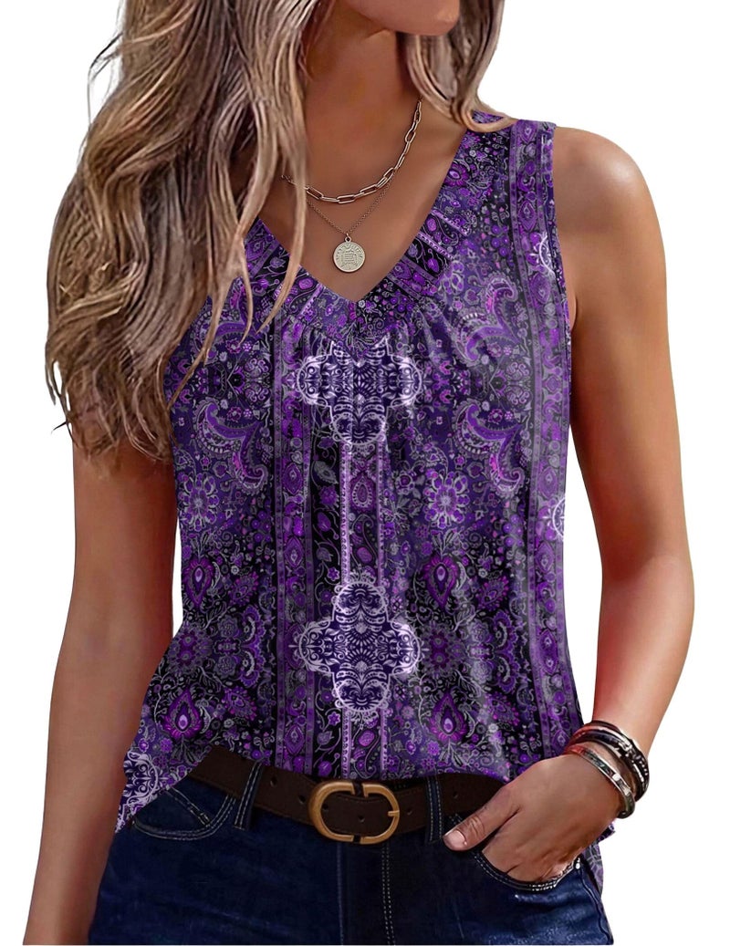 Zeagoo Womens Tank Tops Summer Sleeveless Loose Fit Flower Tops V Neck Pleated Shirts Basic Tees Dressy Casual Trendy Clothes - Image 1