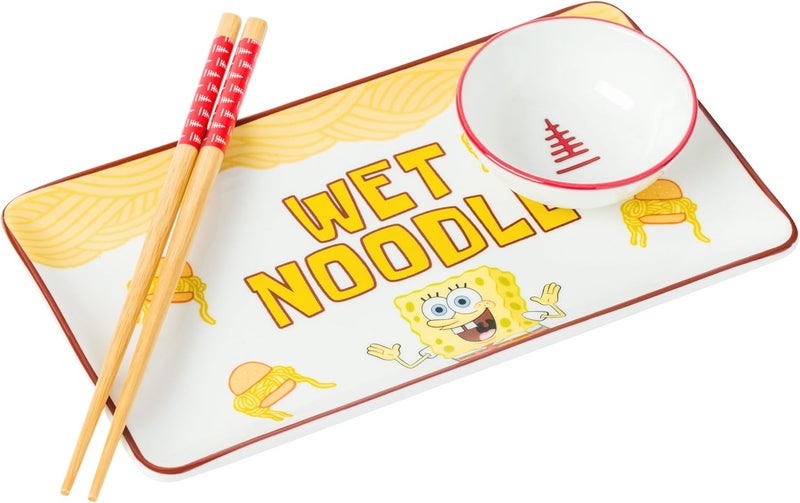 Silver Buffalo Spongebob Squarepants Wet Noodle Krabby Patty Ceramic Sushi Set with Dipping Sauce Dish and Matching Chopsticks - Image 1