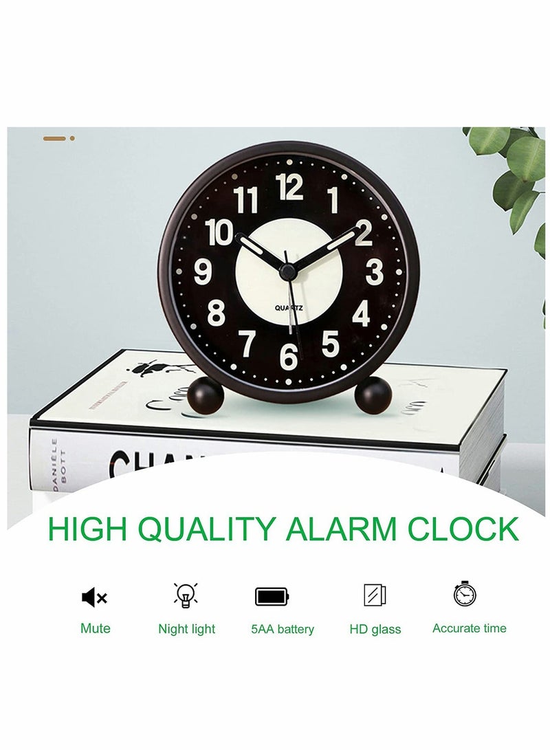 Alarm Clock, Luminous 4'' Round Silent Analog Table Clock Non-Ticking, Battery Operated with Loud Alarm and Night Light Small Desk Clock for Bedroom, Bedside Table - 1Pcs - Image 2
