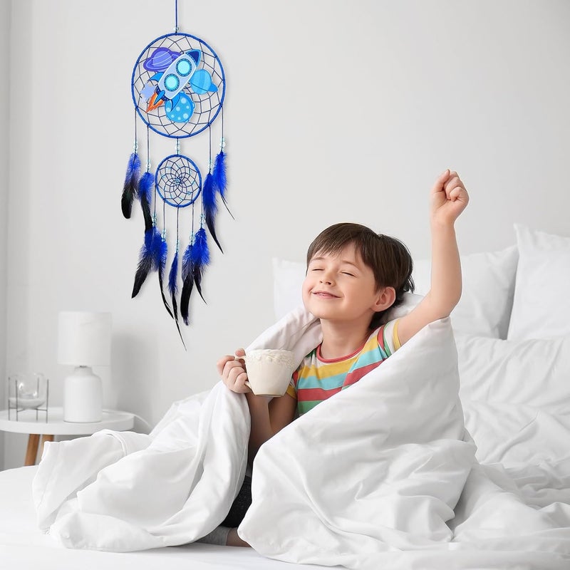 Basumee Dream Catcher for Kids Feather Dream Catchers Handmade Home Decor Wall Hanging with Double Ring for Nursery Bedroom Boys Room, Blue Rocket - Image 2