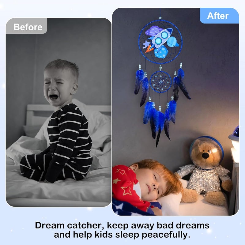 Basumee Dream Catcher for Kids Feather Dream Catchers Handmade Home Decor Wall Hanging with Double Ring for Nursery Bedroom Boys Room, Blue Rocket - Image 1