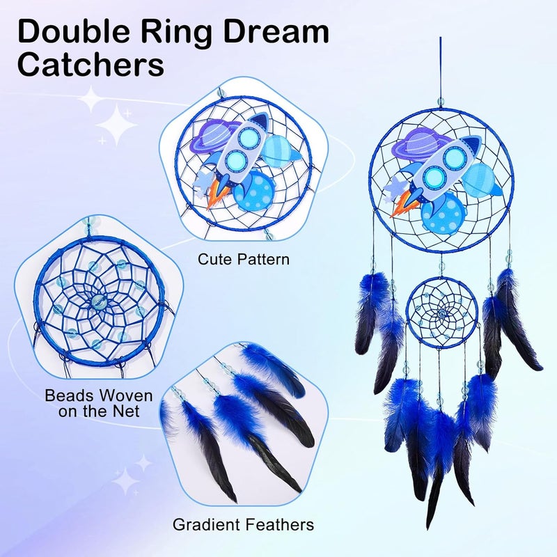 Basumee Dream Catcher for Kids Feather Dream Catchers Handmade Home Decor Wall Hanging with Double Ring for Nursery Bedroom Boys Room, Blue Rocket - Image 3