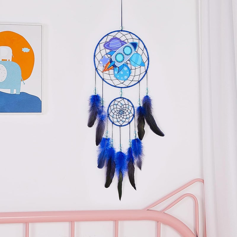 Basumee Dream Catcher for Kids Feather Dream Catchers Handmade Home Decor Wall Hanging with Double Ring for Nursery Bedroom Boys Room, Blue Rocket - Image 4
