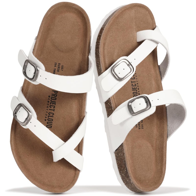 Project Cloud 100% Genuine Leather Womens Sandals -Lightweight Womens Slides Memory Foam Insole & Cork Footbed Sandals Women - Non-Slip Beach Essentials Summer Sandals for Women 2026(Lian,WHT,9) - Image 1