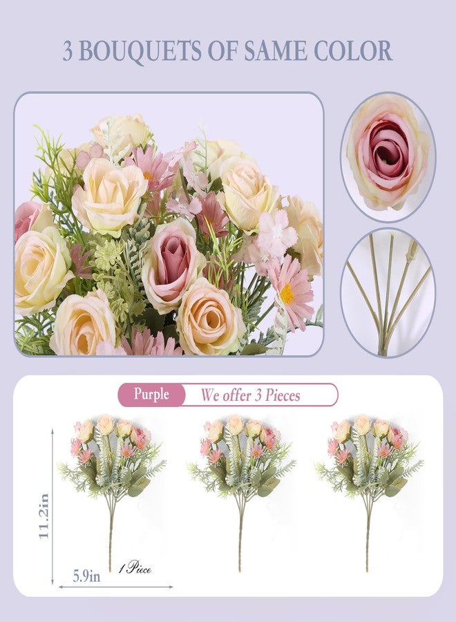 Cyblinia Artificial Flowers Fake Rose Bouquet 3 Pack Artificial Flowers Bouquet Plastic Flower Arrangements Wedding Decoration Table Centerpieces(Purple) - Image 2