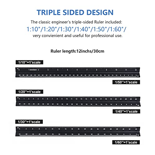 mveohos Architectural and Engineering Scale Ruler Set, Imperial Measurements 12'', Black Laser-Etched Aluminum Architect Triangular Ruler for Architects, Students, Draftsman, and Engineers - Image 2