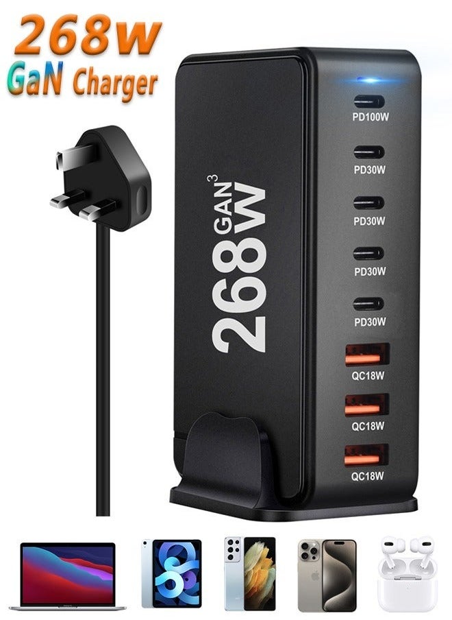 268WGaN USB C الشاحن، 8 منفذ نوع C محطة الشحن السريع محور بلوك، الجدار شاحن محول قطاع الطاقة المكعب 5 PD USB C 3 QC USB A شاحن الكمبيوتر المحمول ل MacBook Air Sumsung S23 iPhone 15 14 iPad 