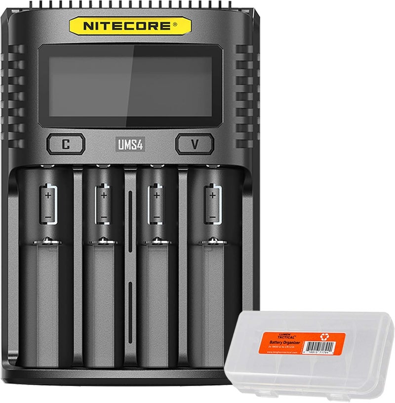 نايت كور شاحن بطاريات سريع ذكي من UMS4 بأربع فتحات USB لبطاريات الليثيوم أيون/النيكل-هيدريد المعدني/النيكل-كادميوم/IMR 16340 14500 18650 21700 20700 AA AAA والمزيد، مع منظم بطاريات LumenTac - Image 1