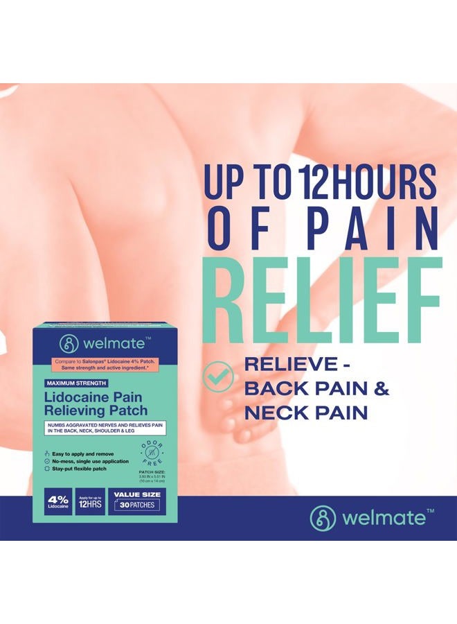 WELMATE 4% Lidocaine Numbing Patch | Maximum Strength | Temporary Relief of Pain, Back, Neck, Shoulders, Knees, Elbows, Minor Skin Irritations | Topical Analgesic Unscented | 30 ct - Image 2