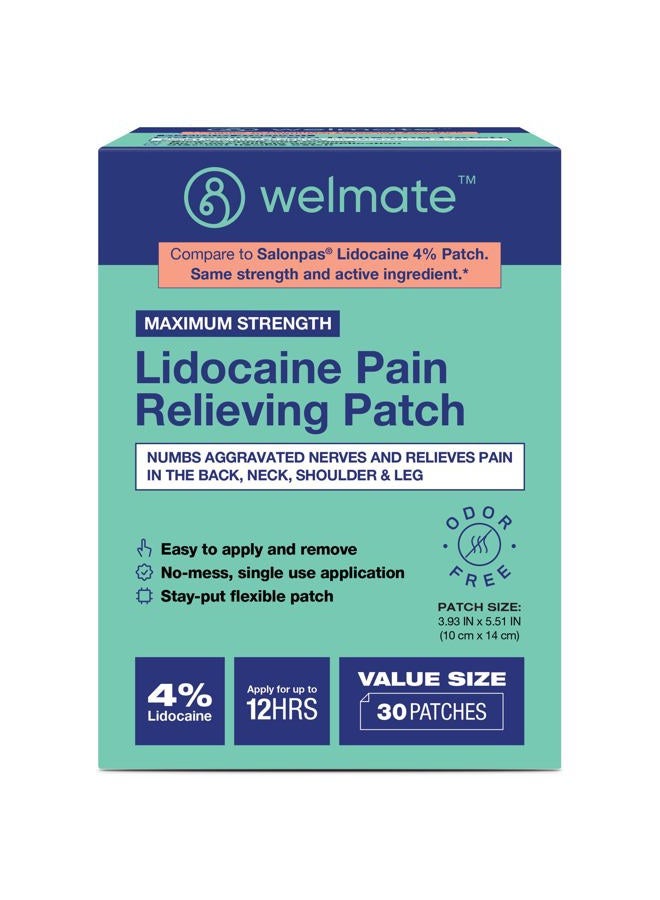 WELMATE 4% Lidocaine Numbing Patch | Maximum Strength | Temporary Relief of Pain, Back, Neck, Shoulders, Knees, Elbows, Minor Skin Irritations | Topical Analgesic Unscented | 30 ct - Image 1