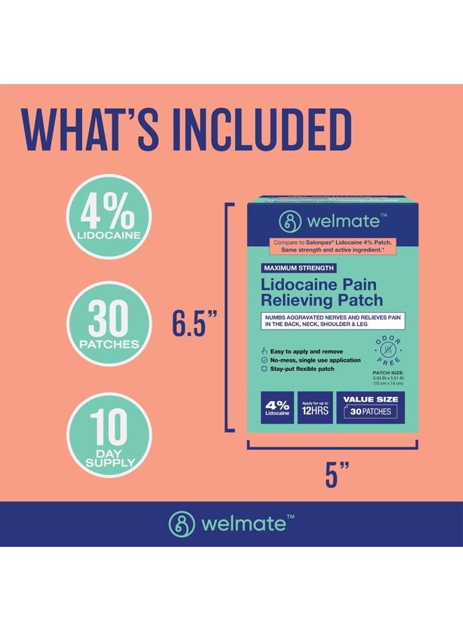 WELMATE 4% Lidocaine Numbing Patch | Maximum Strength | Temporary Relief of Pain, Back, Neck, Shoulders, Knees, Elbows, Minor Skin Irritations | Topical Analgesic Unscented | 30 ct - Image 5