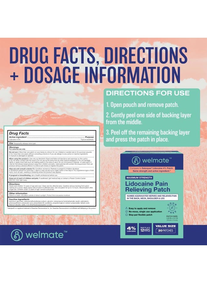 WELMATE 4% Lidocaine Numbing Patch | Maximum Strength | Temporary Relief of Pain, Back, Neck, Shoulders, Knees, Elbows, Minor Skin Irritations | Topical Analgesic Unscented | 30 ct - Image 4