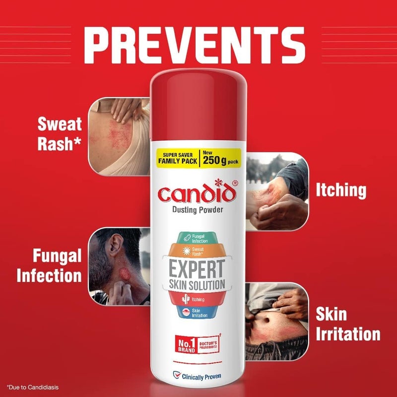 Candid Dusting Powder | Expert Skin Solution |Doctor's Prescribed No.1 Brand | Prevents Sweat Rash, Itching, Fungal Infection & Skin Irritation | Anti-fungal Powder | Clotrimazole | 250g | Pack of 3 - Image 3