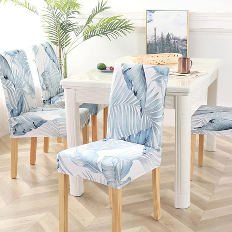 Stretch Chair Slipcovers, Milk Silk Print Soft Stretch Chair Covers, Removable and Washable Chair Cover, Suitable for Restaurant, Wedding, Hotel Banquet, (White+Light Blue) 6pcs - Image 3
