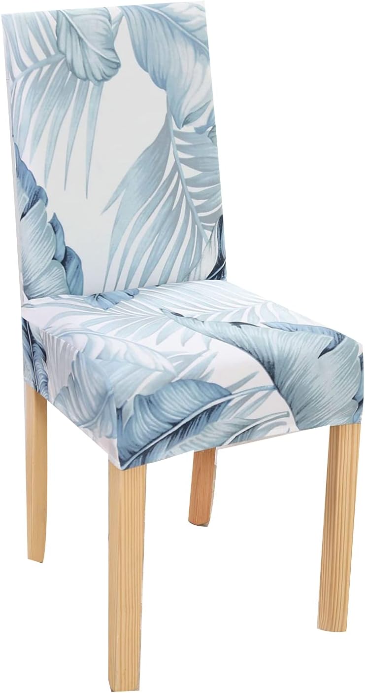 Stretch Chair Slipcovers, Milk Silk Print Soft Stretch Chair Covers, Removable and Washable Chair Cover, Suitable for Restaurant, Wedding, Hotel Banquet, (White+Light Blue) 6pcs - Image 1