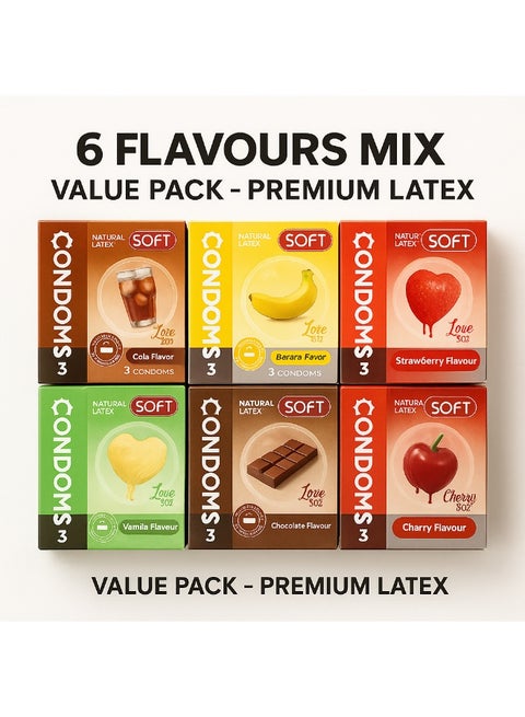 باقة الواقي الذكري 6 نكهات – 6 علب × كل علبة تحتوي 3 قطع (إجمالي 18 قطعة) – لاتكس طبيعي – Value Pack