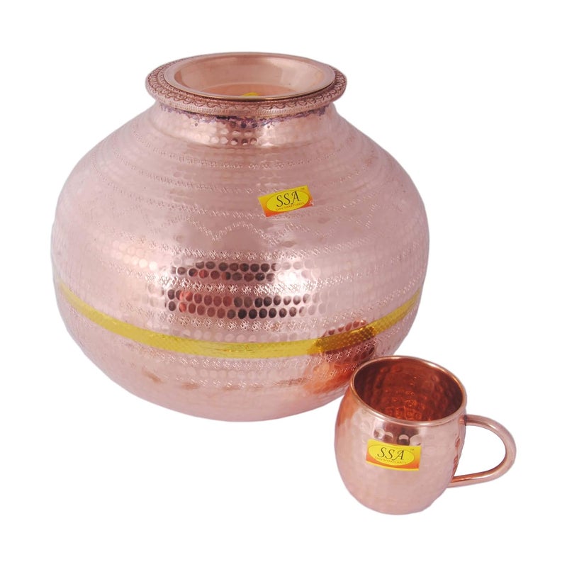 SHIV SHAKTI ARTS SHIV SHAKTI ARTS Pure Copper Matka Water Dispenser Container Pot with 1 Mug Tumbler 15 litres Brown Set of 2 Pieces  - Image 1