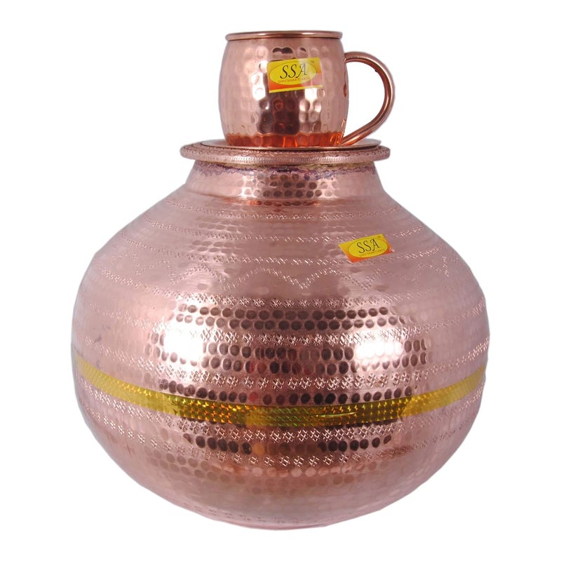 SHIV SHAKTI ARTS SHIV SHAKTI ARTS Pure Copper Matka Water Dispenser Container Pot with 1 Mug Tumbler 15 litres Brown Set of 2 Pieces  - Image 2