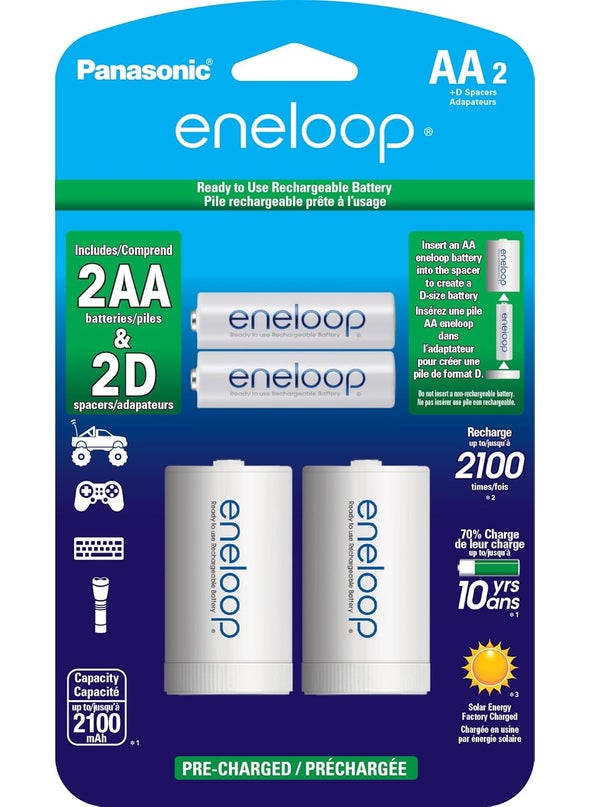 Eneloop Panasonic KKJS1MCA2BA D Size Battery Adapters AA 2100 Cycle Ni MH PreCharged Rechargeable Batteries 2 D Adapters with 2 Batteries