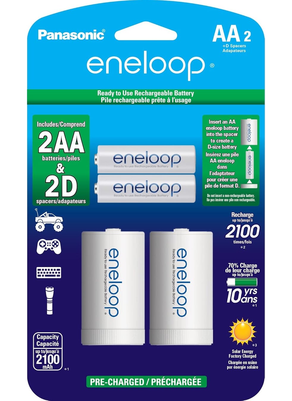 eneloop Eneloop Panasonic KKJS1MCA2BA D Size Battery Adapters AA 2100 Cycle Ni MH PreCharged Rechargeable Batteries 2 D Adapters with 2 Batteries  - Image 1