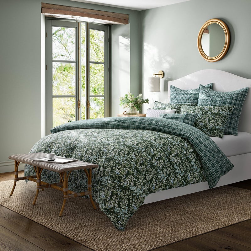 Laura Ashley- King Duvet Cover Set, Reversible Cotton Bedding Set, Includes Matching Sham(s) with Bonus Euro Sham(s) & Throw Pillow Covers (Bramble Floral Green, King) - Image 2