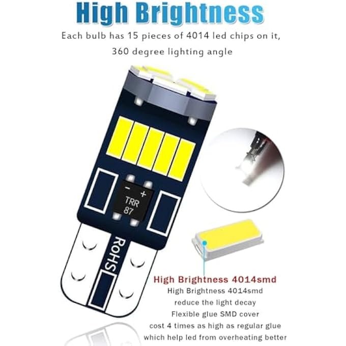 Unity Pack Of 20 Led Replacement Bulbs 194 Led Bulb W5W T10 168 Led Bulbs With 15Smd 4014 Chipsets 6000K White Light Error Free Car Lights For Dome And License Plate - Image 3