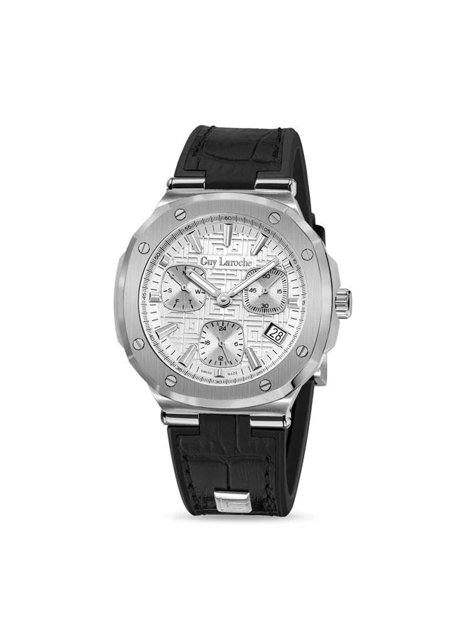 Guy Laroche Charlie 45.5mm Men's Multifunction Swiss Watch with Black Genuine Leather Strap