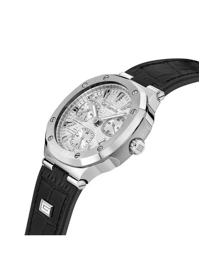 Guy Laroche Charlie 45.5mm Men's Multifunction Swiss Watch with Black Genuine Leather Strap