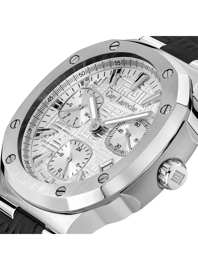 Guy Laroche Charlie 45.5mm Men's Multifunction Swiss Watch with Black Genuine Leather Strap