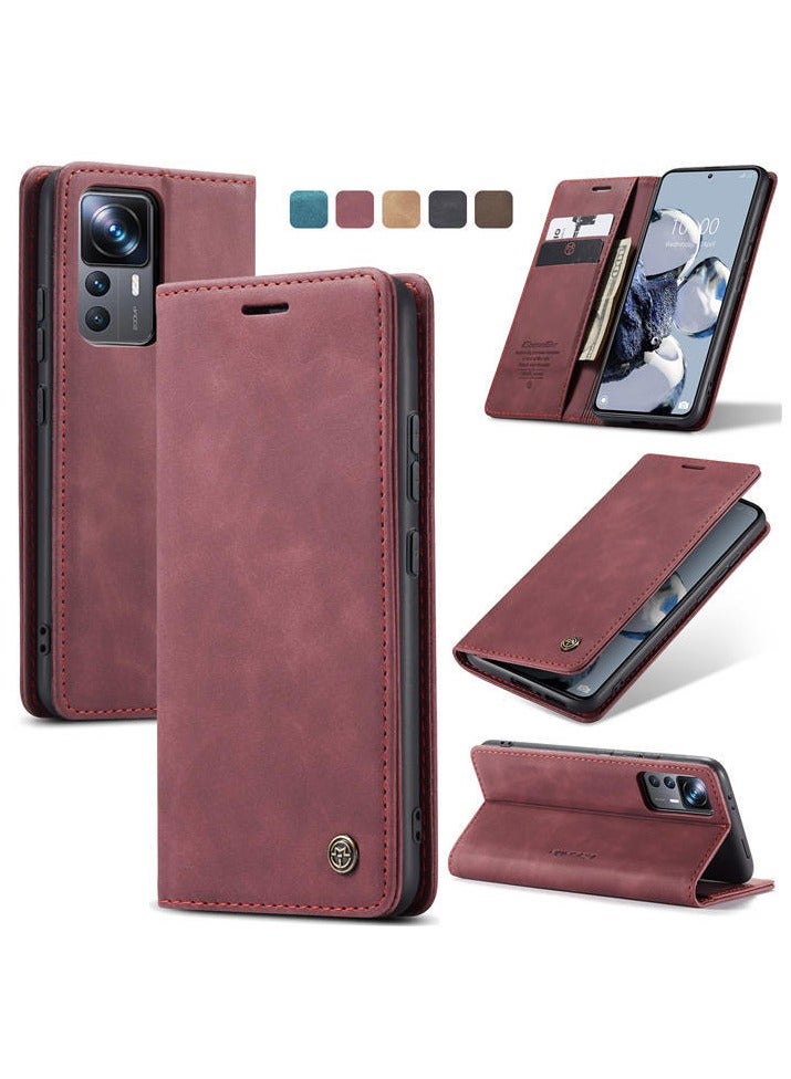 CaseMe Compatible with Xiaomi 12T/12T Pro Flip Case Wallet Protection Leather Cover with Card Holder (Red) - Image 1