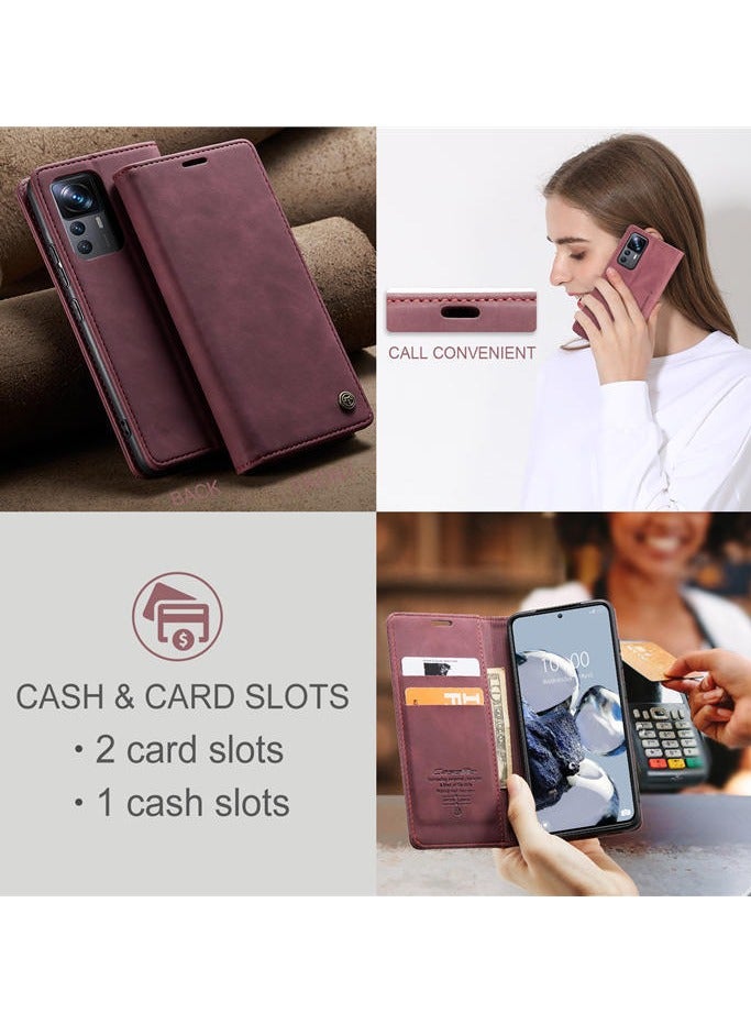 CaseMe Compatible with Xiaomi 12T/12T Pro Flip Case Wallet Protection Leather Cover with Card Holder (Red) - Image 5