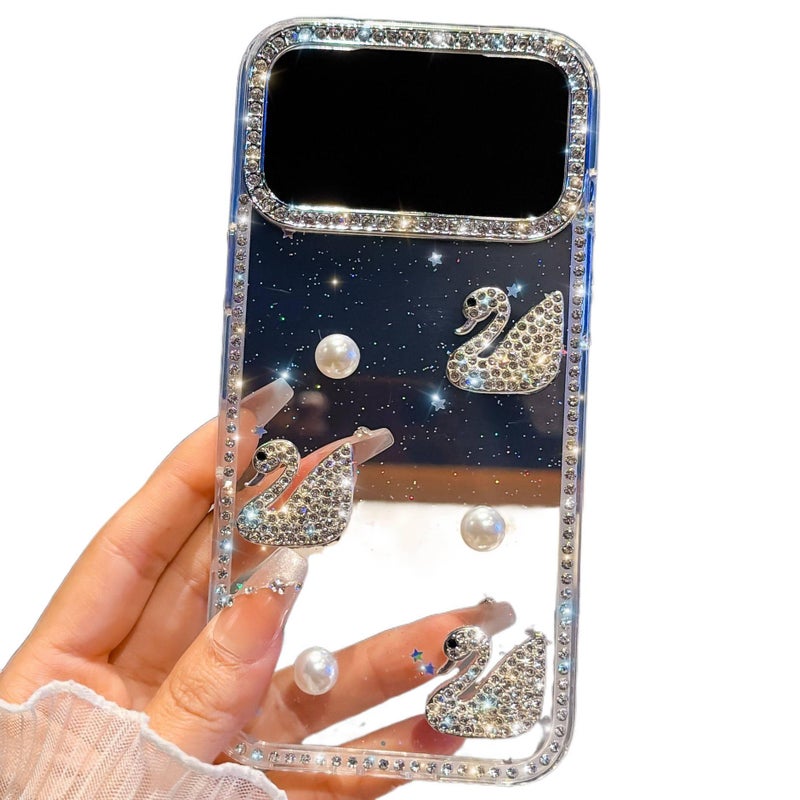 MS Acrylic Protective Case for iPhone 17 / 17 Air / 17 Pro / 17 Pro Max with Drop Protection and Diamond Sparkle plus Shockproof plus IMD Technology plus Pearl Swan Pattern in Star - Image 1