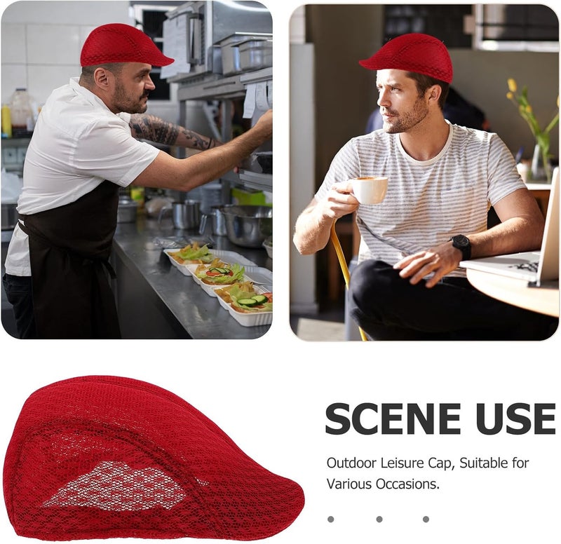 Chef Beanie Mesh Cap Breathable Food Service Hat Men’s Stylish Beret Hat for Kitchen Cooking and Restaurant Work Summer Outdoor Dark Red - Image 3