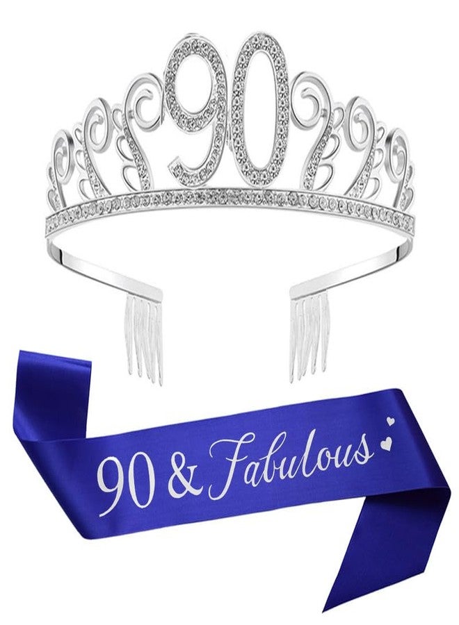 Mayin 90th Birthday Tiara and Sash Blue Satin Sash Tiara for 90th Birthday Party Supplies Favors Decorations Kit - Image 2