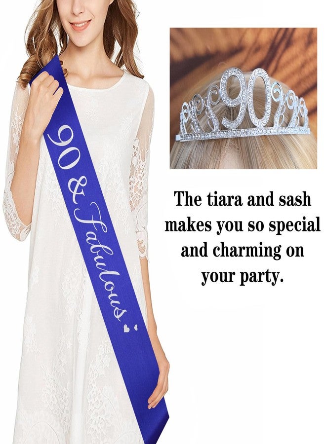 Mayin 90th Birthday Tiara and Sash Blue Satin Sash Tiara for 90th Birthday Party Supplies Favors Decorations Kit - Image 3