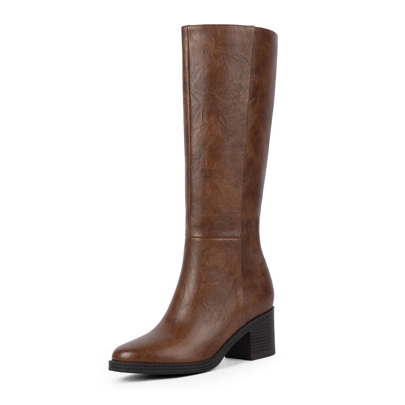 Easyfox Brown Boots for Women Low Heeled Knee High Boots Chunky Heel Tall Long Leather Boot Round Toe Block Heel Dress Calf High Boot 2025 Size 8 - Image 1