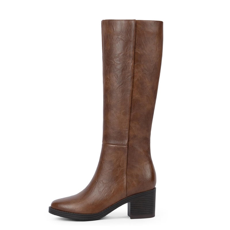 Easyfox Brown Boots for Women Low Heeled Knee High Boots Chunky Heel Tall Long Leather Boot Round Toe Block Heel Dress Calf High Boot 2025 Size 8 - Image 4