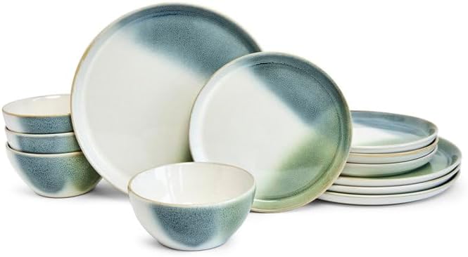 Sango 12Piece Stoneware Dinnerware Set Color Block Reactive  Service for 4 Dinner Plates Salad Plates  Cereal Bowls Durable Stoneware Dishwasher Safe for Everyday Dining  Entertainment - Image 1