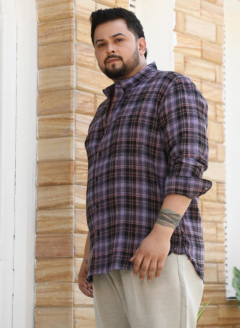 Instafab Plus Instafab Plus Men's Amethyst Purple Static-Plaid Shirt For Casual Wear | Spread Collar | Long Cuffed Sleeves | Button Closure | Plus Size Shirt Crafted With Comfort Fit For Everyday Wear