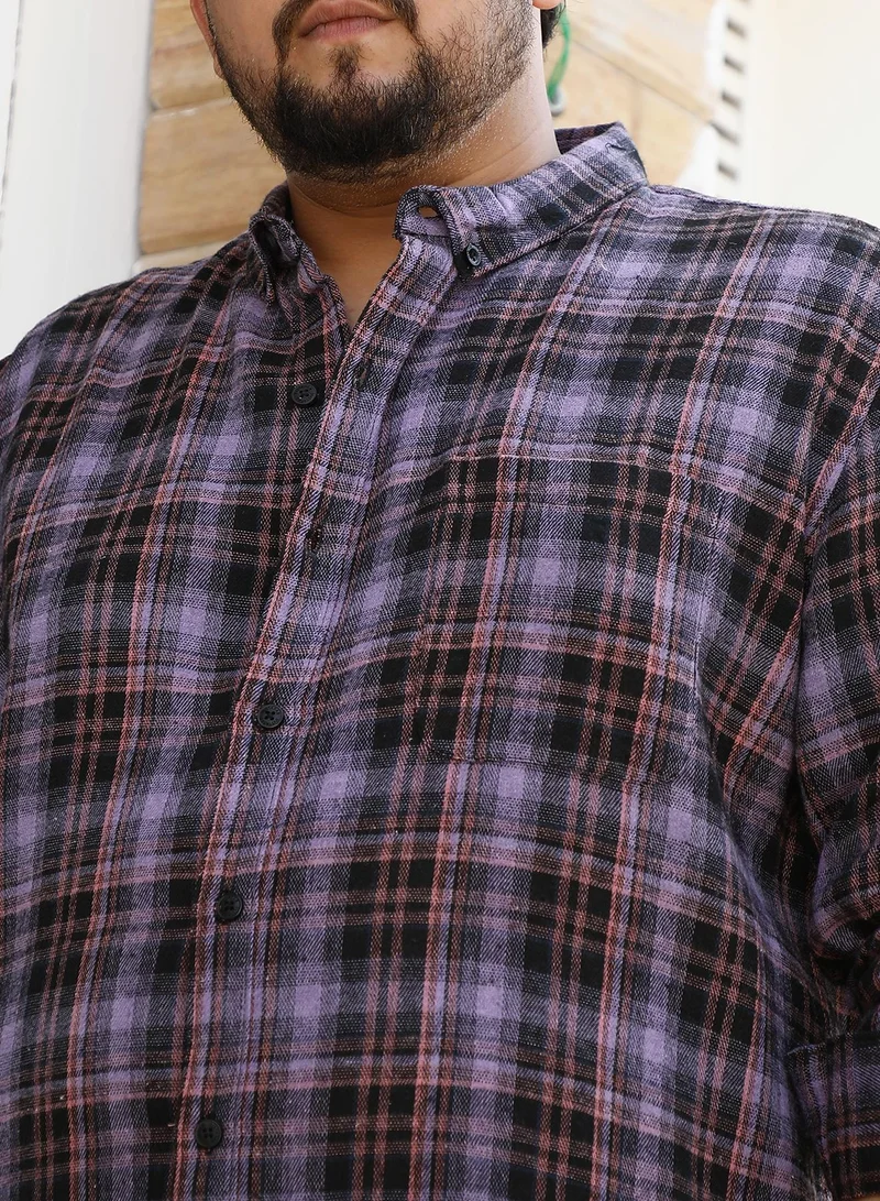 Instafab Plus Instafab Plus Men's Amethyst Purple Static-Plaid Shirt For Casual Wear | Spread Collar | Long Cuffed Sleeves | Button Closure | Plus Size Shirt Crafted With Comfort Fit For Everyday Wear
