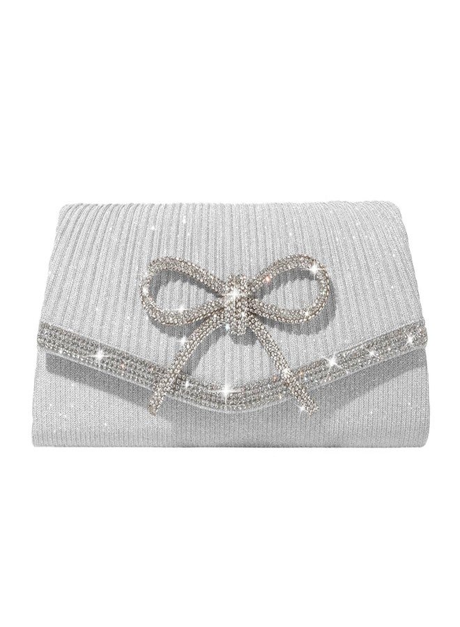 Trisapu Bow Evening Bag Sparkly Clutch Purses for Women Wedding Glitter Rhinestone Party Prom Purse Dressy Clutch Bags Silver - Image 1