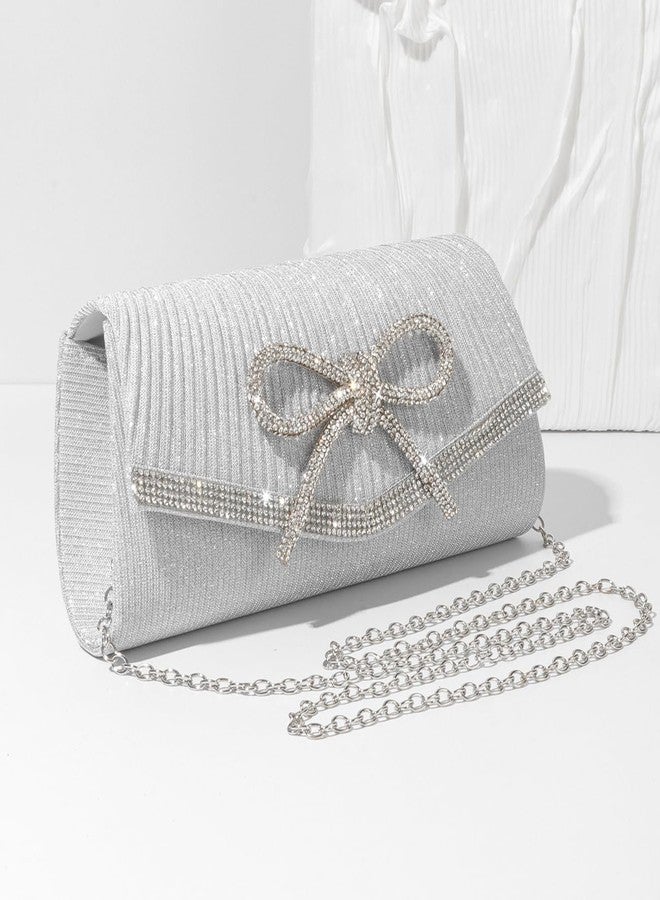 Trisapu Bow Evening Bag Sparkly Clutch Purses for Women Wedding Glitter Rhinestone Party Prom Purse Dressy Clutch Bags Silver - Image 3