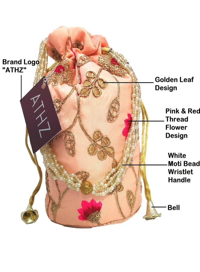 ATHZ Peach Damru Potli Handbags for Women with Golden Sippy Work Wristlets for Wedding | Festival | Kitty - Image 2