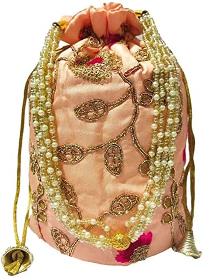 ATHZ Peach Damru Potli Handbags for Women with Golden Sippy Work Wristlets for Wedding | Festival | Kitty - Image 1