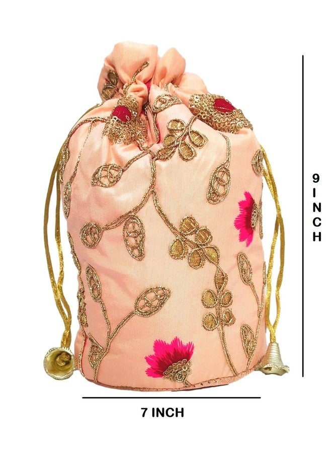 ATHZ Peach Damru Potli Handbags for Women with Golden Sippy Work Wristlets for Wedding | Festival | Kitty - Image 4