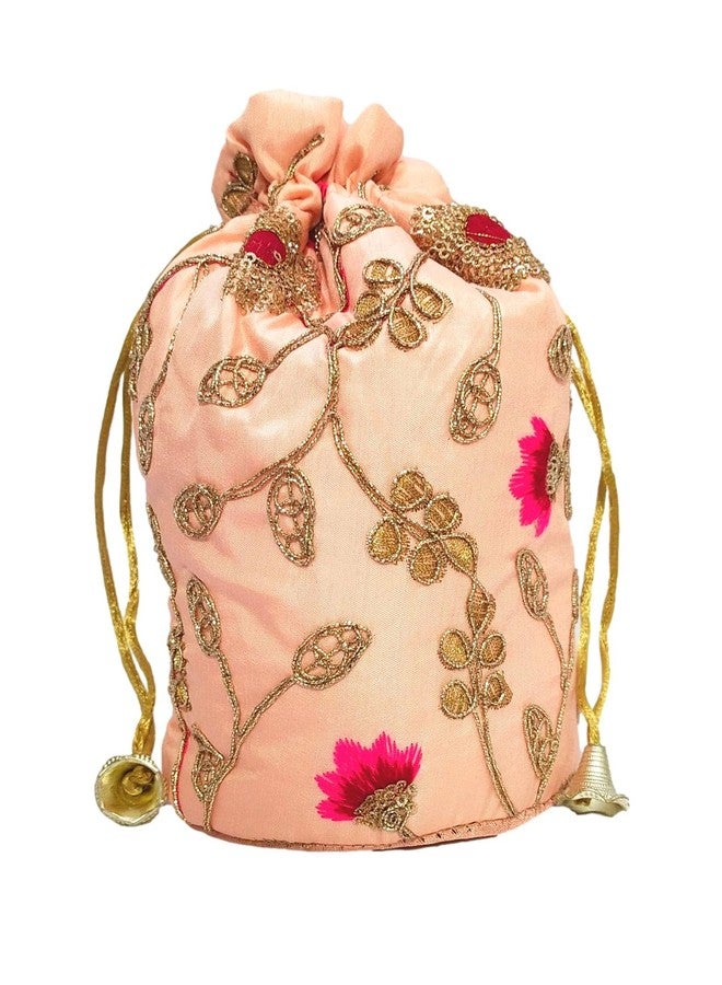 ATHZ Peach Damru Potli Handbags for Women with Golden Sippy Work Wristlets for Wedding | Festival | Kitty - Image 5