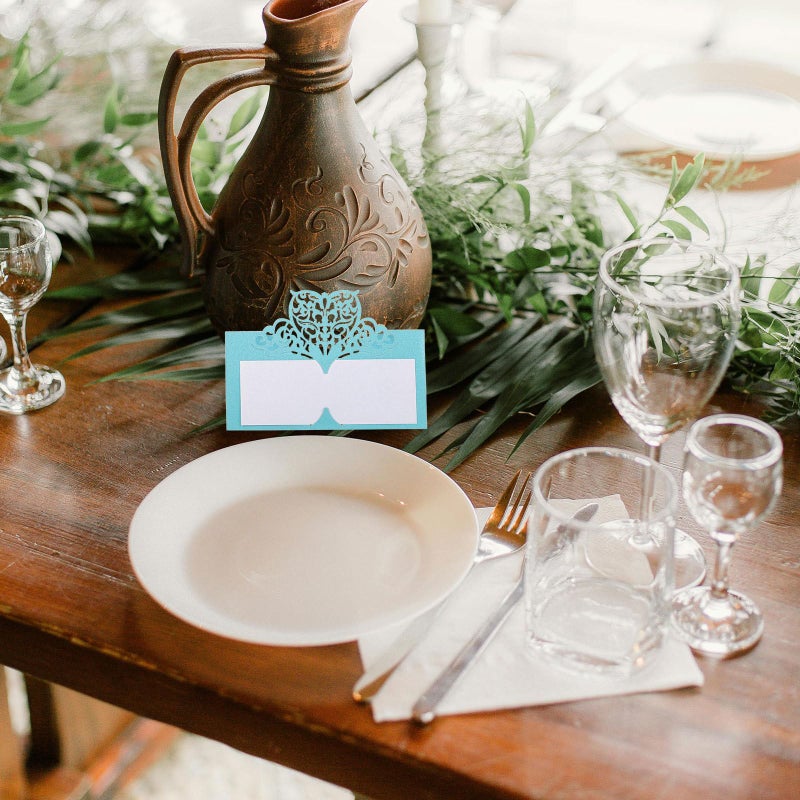 50 Pieces Light Blue Hollow Heart Wedding Place Cards For Table Seating Chart - Image 5